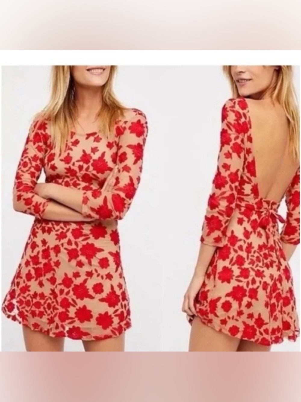 For Love & Lemons Red Floral Mesh Mini Dress